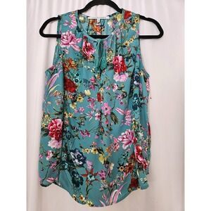 Collective Concepts Tank Top M  Green Floral Split Tie Neck Ladder Stitch Trim